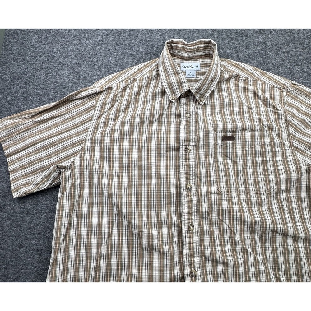 Carhartt Shirt Mens Large Tan‎ Plaid Button Down Short Sleeve Workwear S114 SND